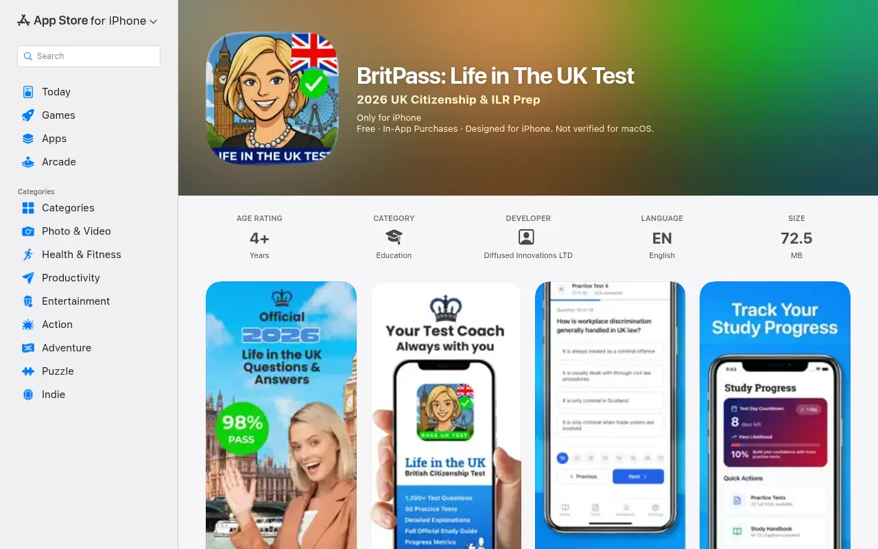 BritPass: Life in the UK Test (IoS + Android App)