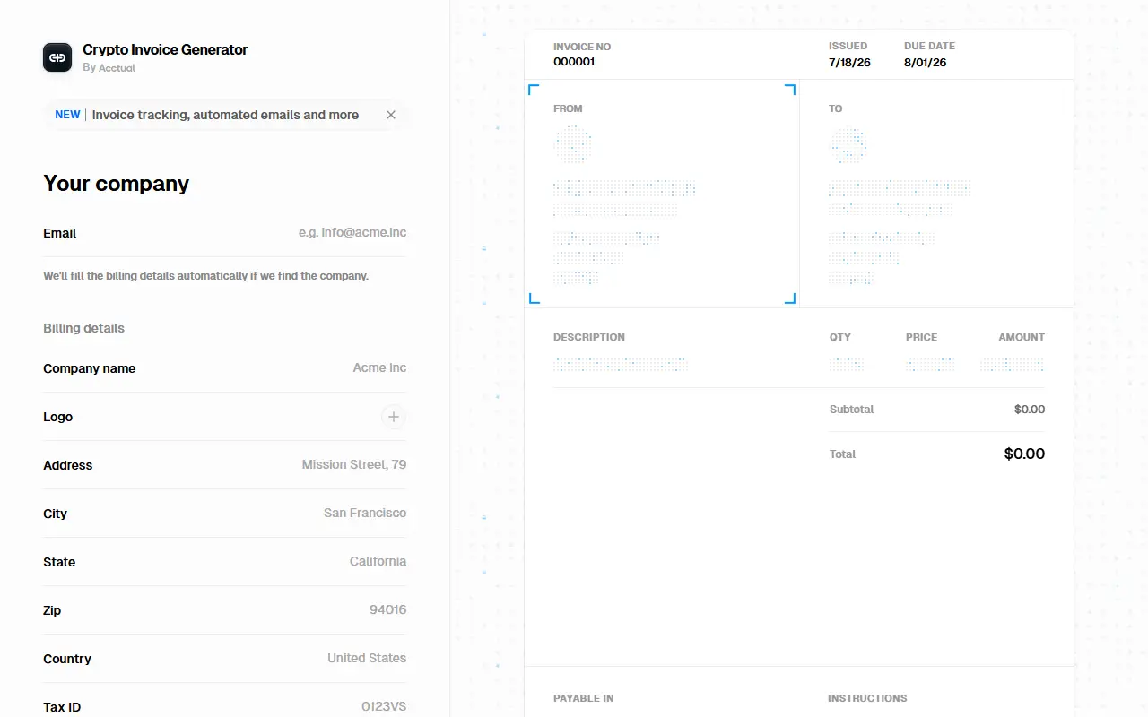 Crypto Invoice Generator by Acctual