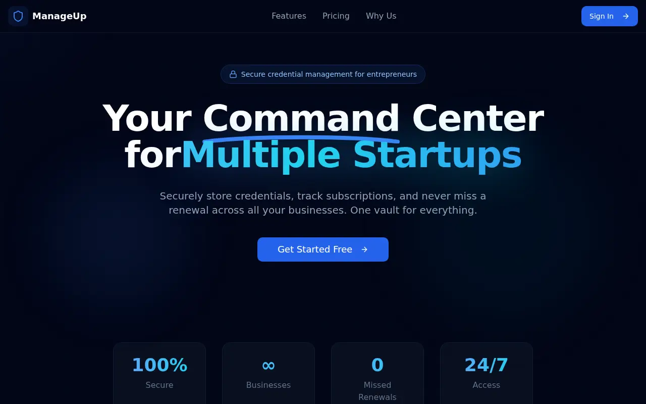 ManageUp: Founder Vault SaaS for Login, Subscription & Renewal