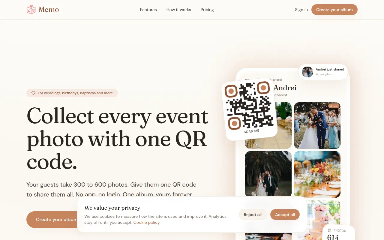 Memo — Collect Wedding & Event Photos with One QR Code