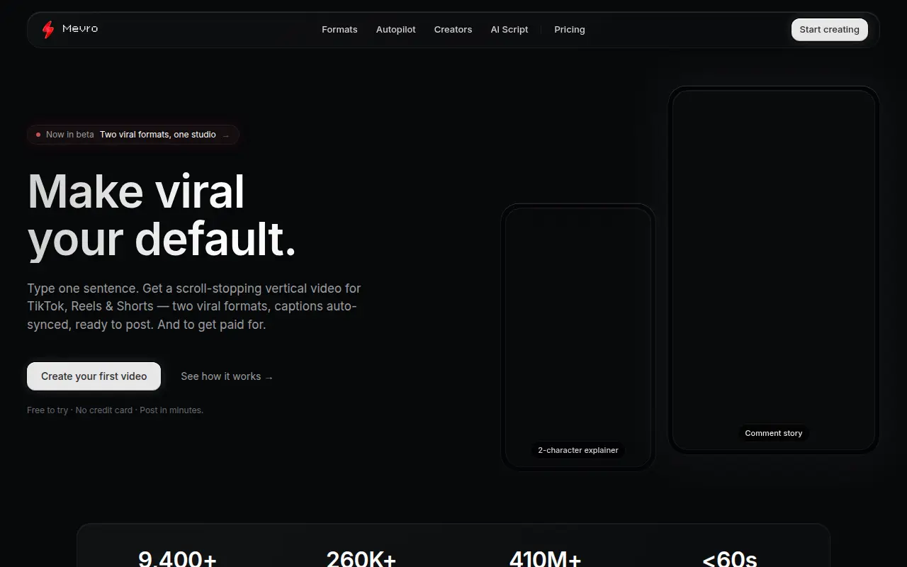 Mevro — AI brainrot video generator for TikTok, Reels & Shorts