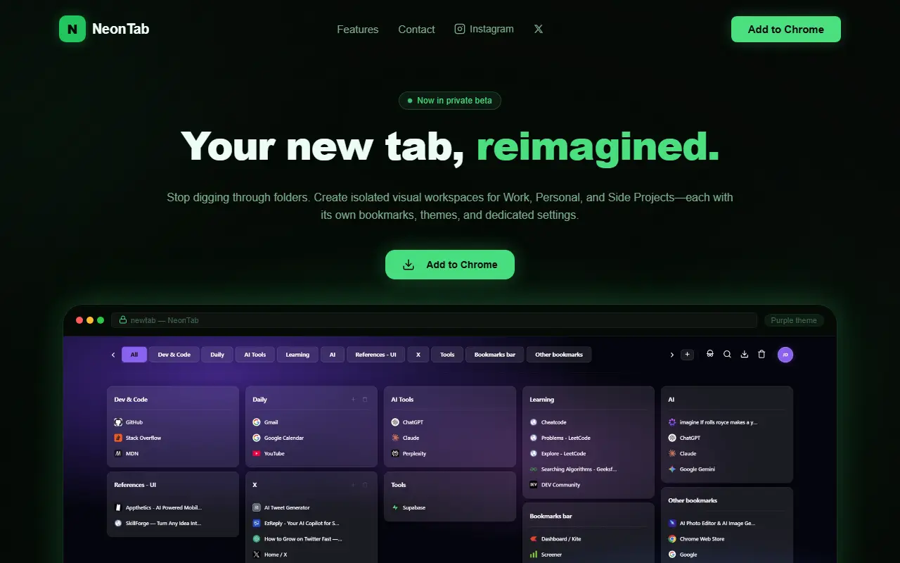 NeonTab — A Beautiful, Private Visual Bookmark Workspace