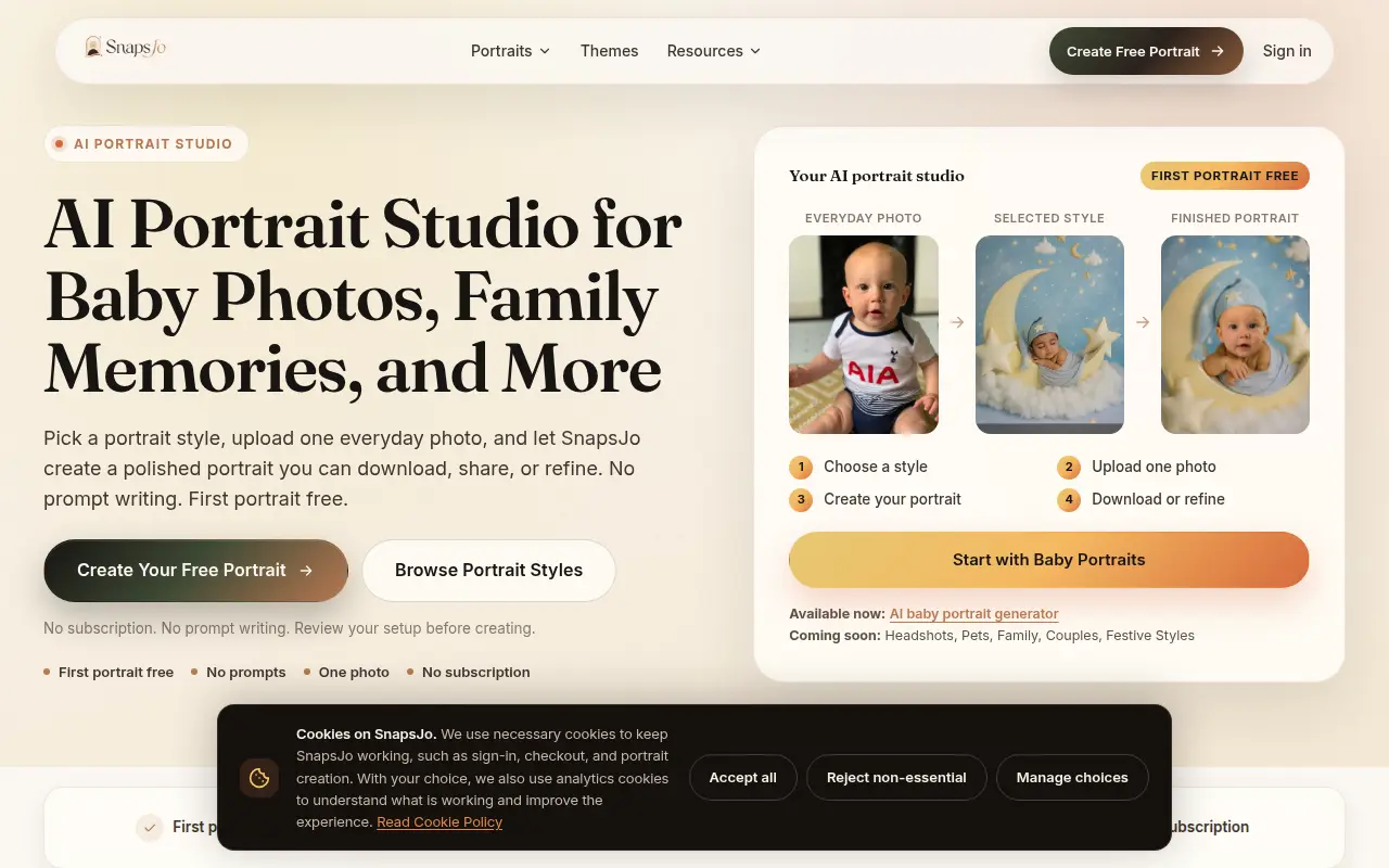 SnapsJo | AI Baby Portrait Generator with High Viral Potential